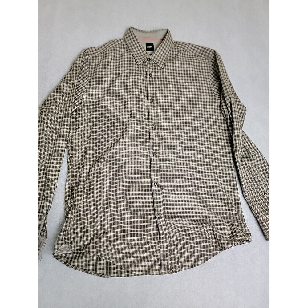 Hugo Boss Shirt Mens L Olive Green Black Plaid Slim Cotton Preppy‎ Flip Cuffs - Picture 7 of 13